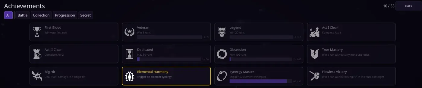 Soul Strip achievements — grid of battle and collection milestones