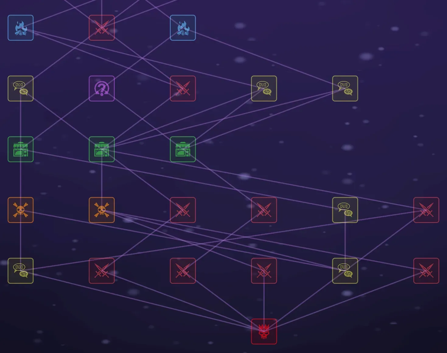 Soul Strip act map — branching paths with battle, shop, event nodes