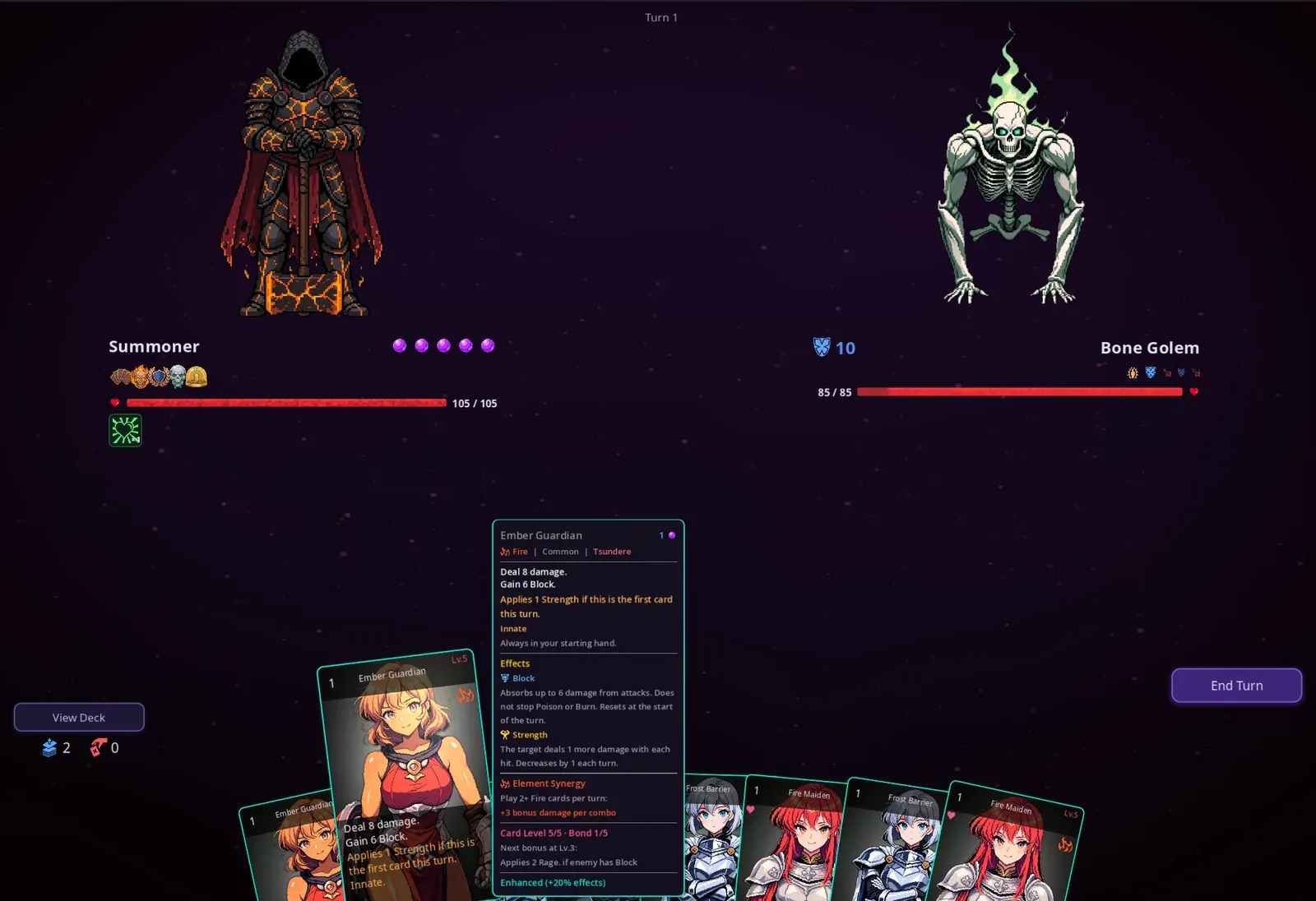 Soul Strip battle screen — player vs Ember Sprite with card hand visible