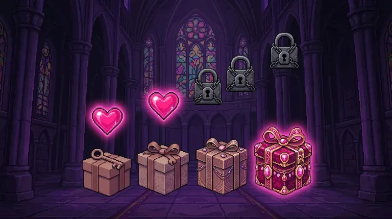 Pixel art: four gifts from plain to jewelled, above them a staircase of two lit hearts and three locked padlocks