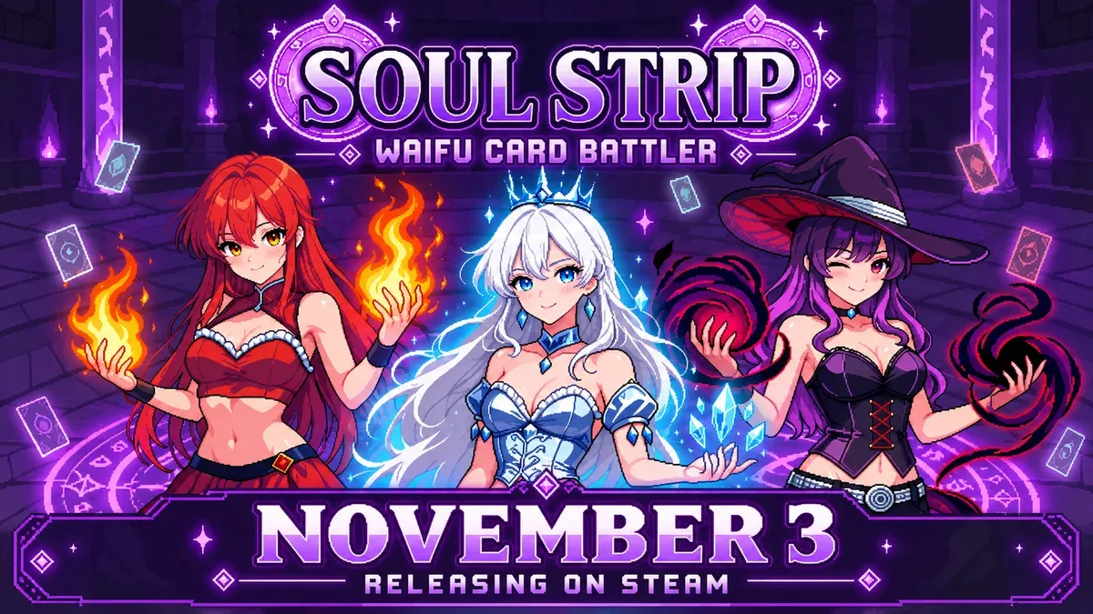Soul Strip release poster with three fantasy characters and the date November 3