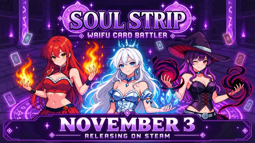 Soul Strip release poster with three fantasy characters and the date November 3