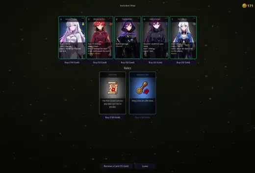 In-run shop: cards and relics for gold